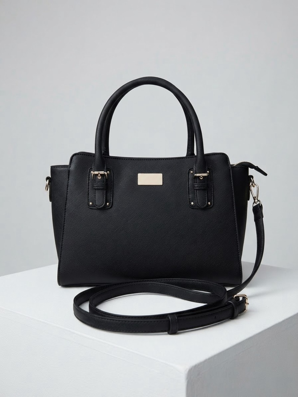 Bizou Black Saffiano Style Structured Satchel Shoulder Bag